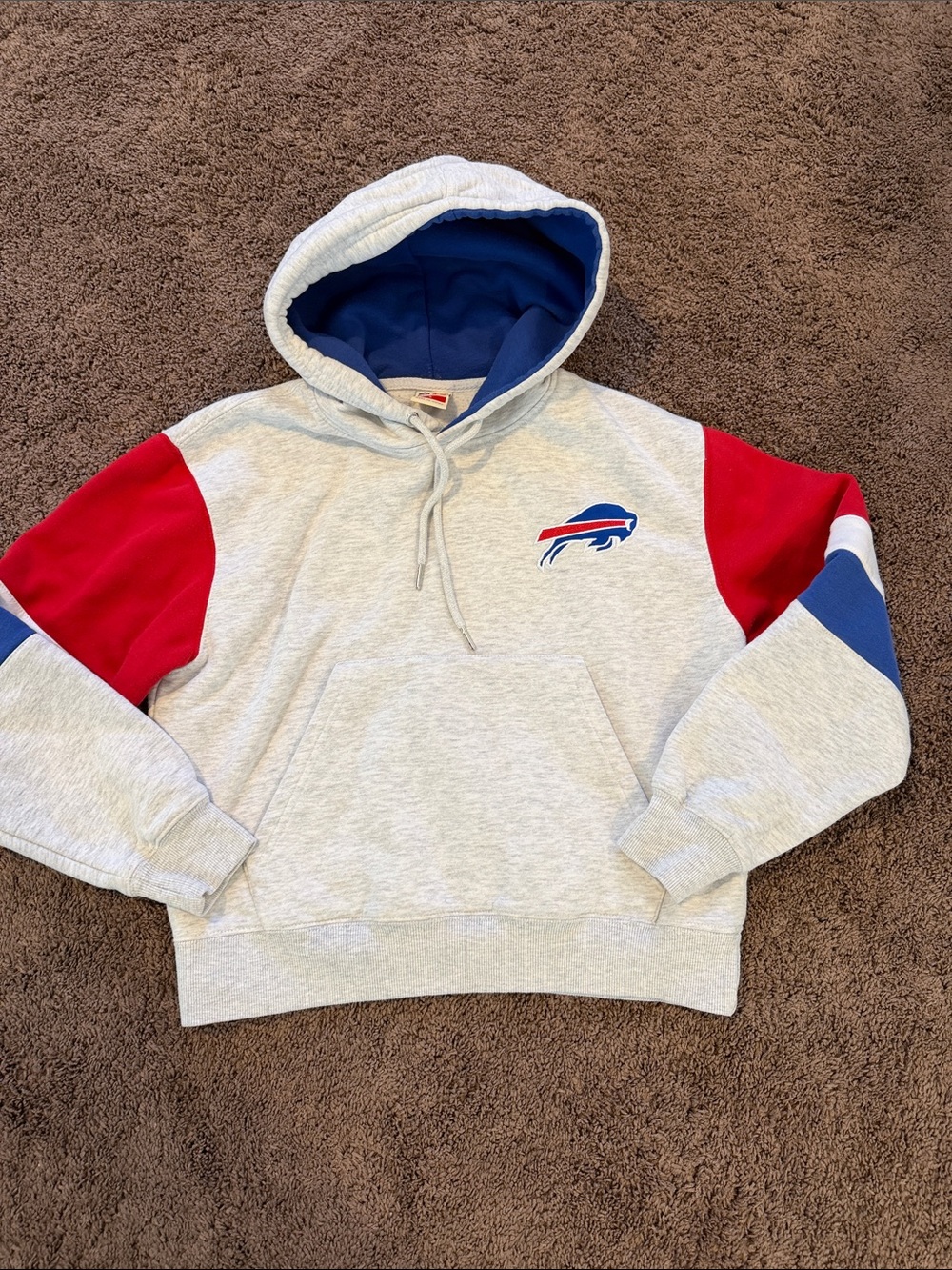 Buffalo Bills Gray Pullover Hoodie with Red & Blue Accent Sleeves and Team Logo